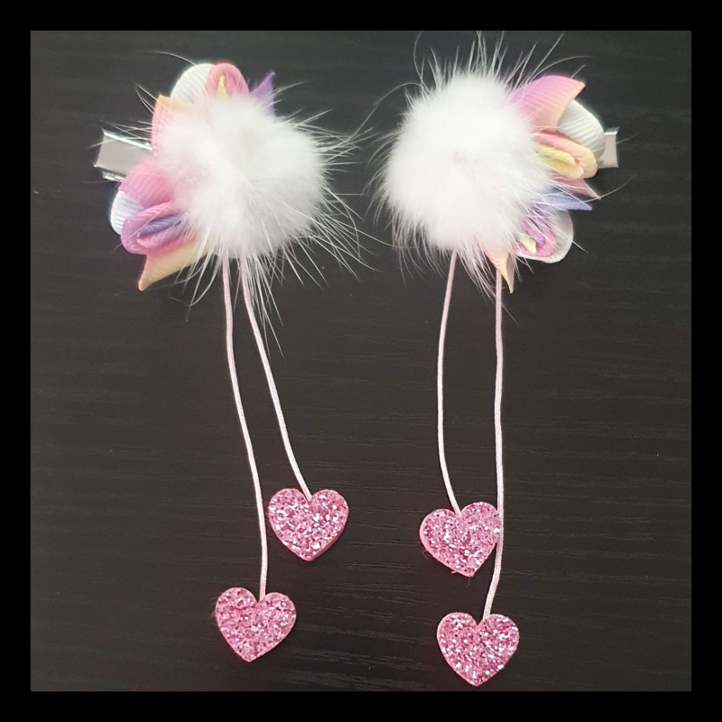 Rainbow Fluffy Pom Pom Glittery Heart Dangly Hair Clip Accessory