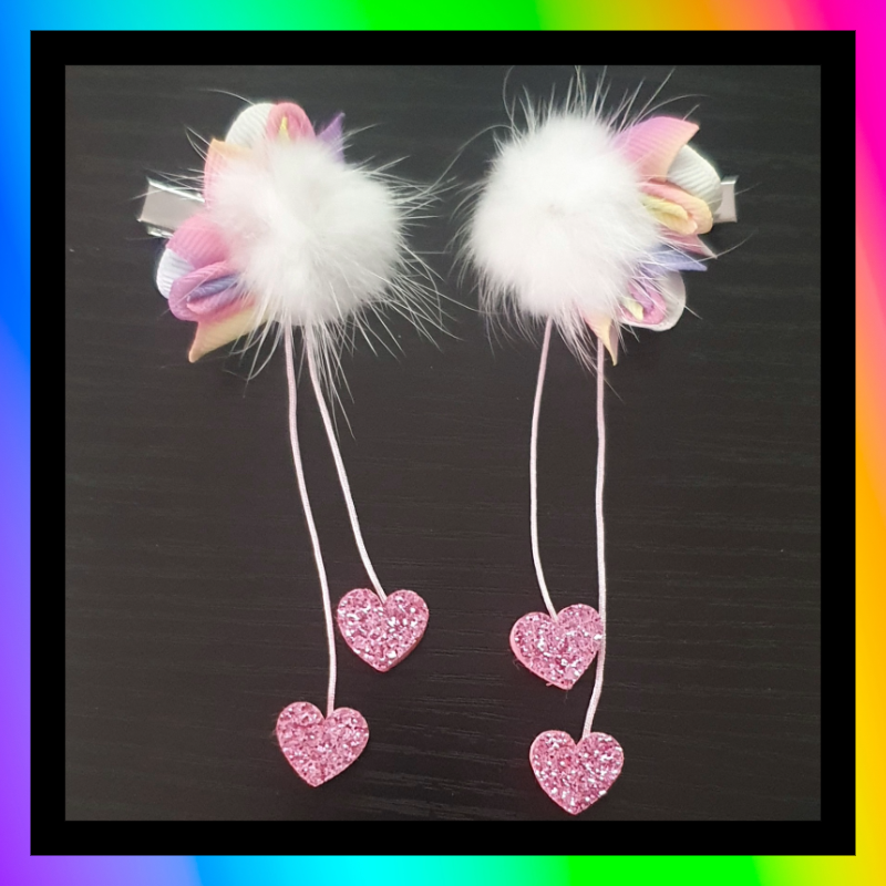 Rainbow Fluffy Pom Pom Glittery Heart Dangly Hair Clip Accessory