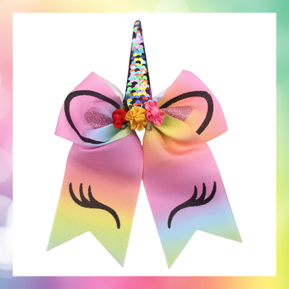 Large bow with glitter HTV unicorn face with flowers and sequined horn on a bobble