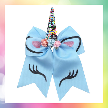 Large bow with glitter HTV unicorn face with flowers and sequined horn on a bobble