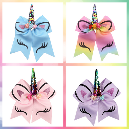 Large bow with glitter HTV unicorn face with flowers and sequined horn on a bobble
