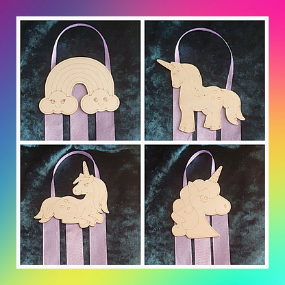 Wooden colour your own unicorn rainbow bow and clip holder with ribbon