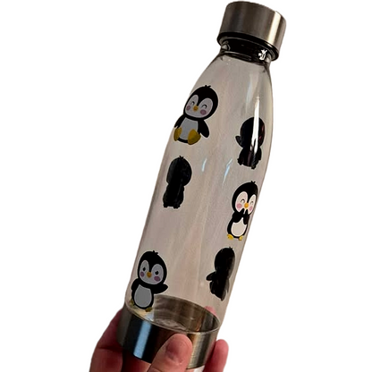 Personalised clear plastic water bottle penguin design