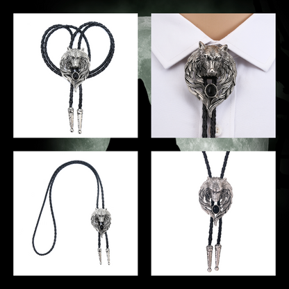 Wolf head Necktie with natural agate on a leather collar rope
