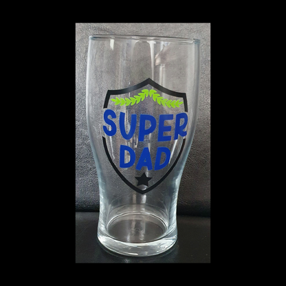 Fathers Day Super Dad Vinyl Pint Glass Beer Lager Pop Glass