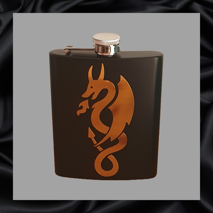 Personalised 7oz black stainless steel vinyl dragon hip flask