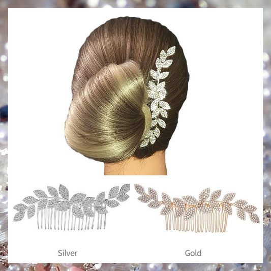 Crystal hair side wedding hair comb with leaf design