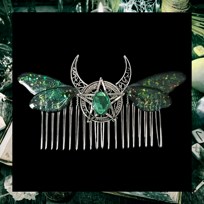 Moth Butterfly dragonfly Cicada Wing Crescent Moon Pentagram Hair Comb Pagan Witch