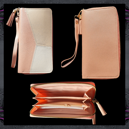 Long PU Leather Zipper Purse Pink/Cream