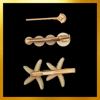 Nautical starfish, sea shell pearly golden hair clip set