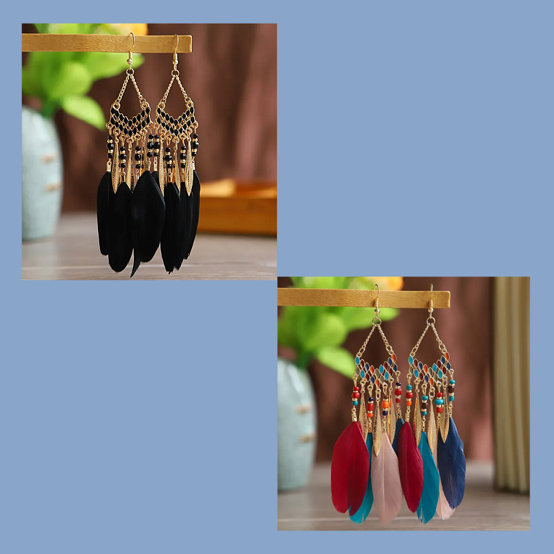 Bohemian Feather Dangle Earrings Boho Festival Jewellery