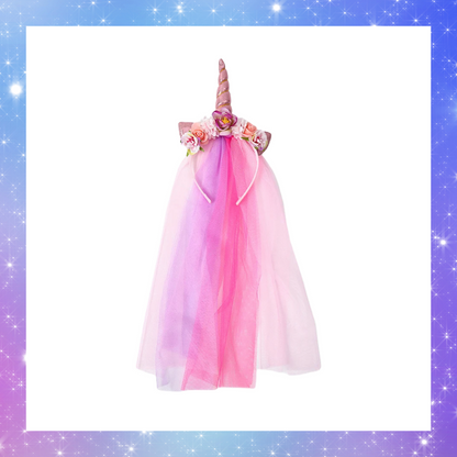 Unicorn headband with unicorn horn, ears, flowers and tulle headdress
