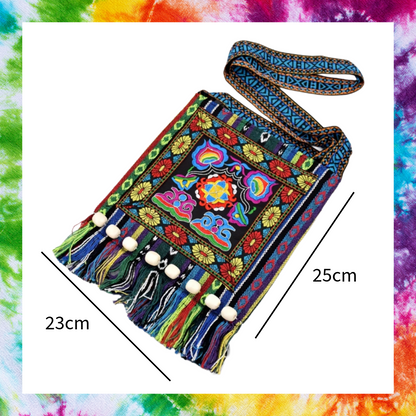 Vintage embroidered boho chic shoulder bag with wooden beads and tassels