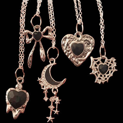 Gothic black heart moon stars webs and bows pendant necklace