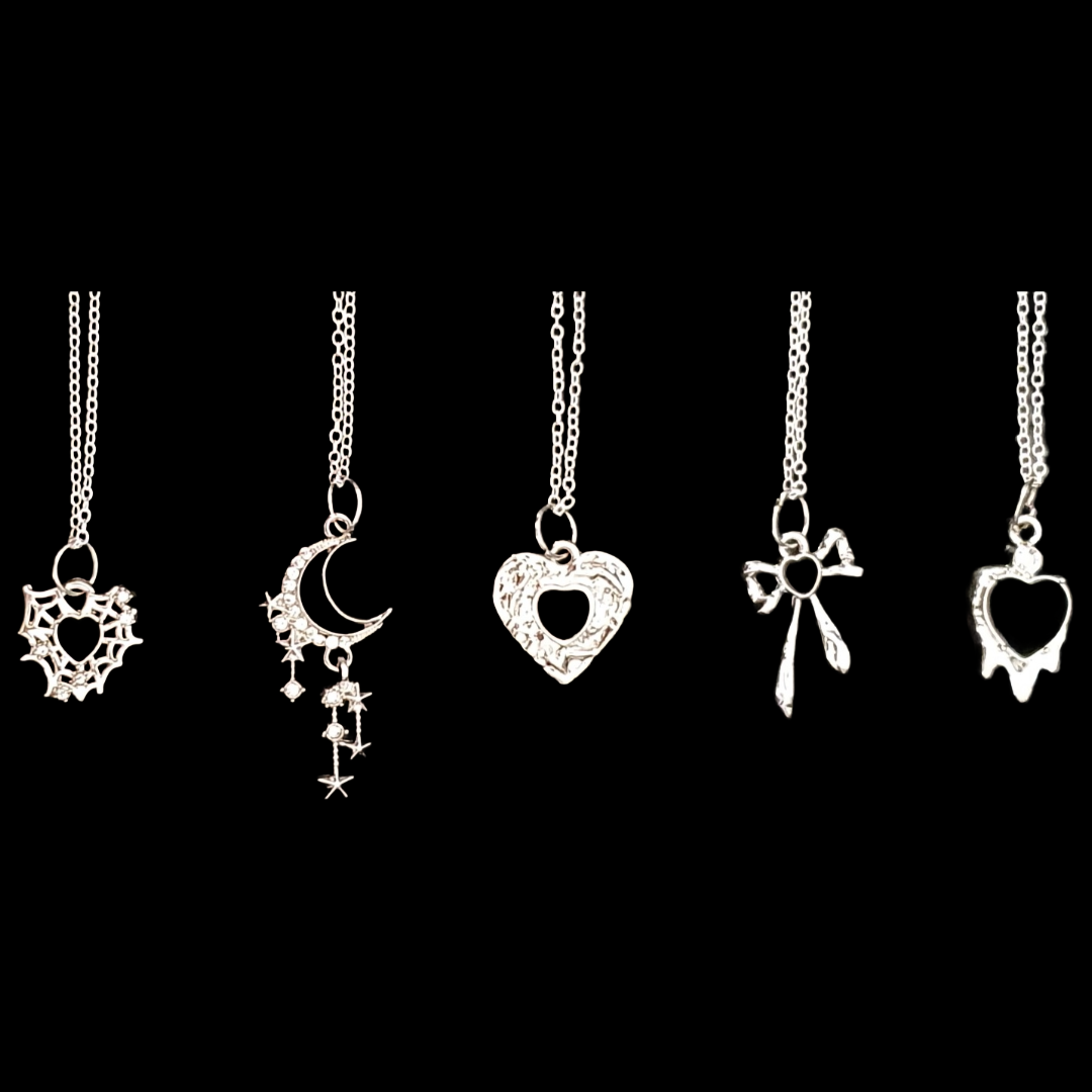 Gothic black heart moon stars webs and bows pendant necklace