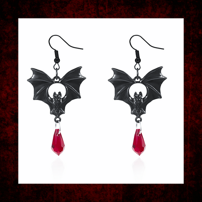Bat dangly earrings with red bead blood droplet