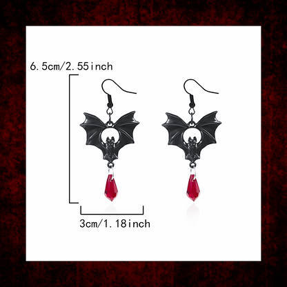 Bat dangly earrings with red bead blood droplet