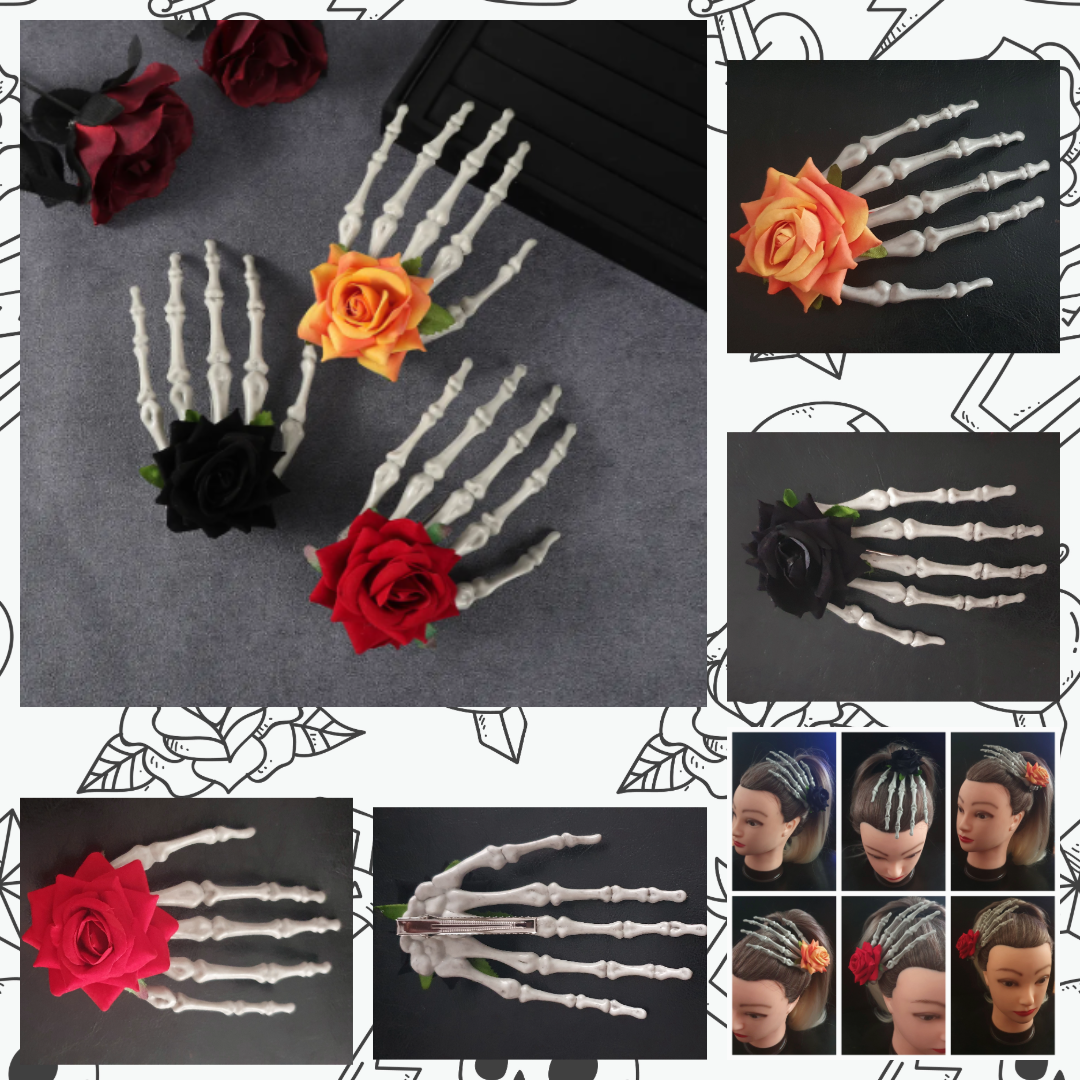 Large skeleton hand with rose hair clip
