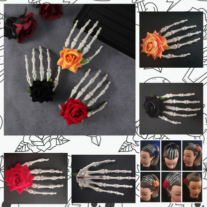 Large skeleton hand with rose hair clip