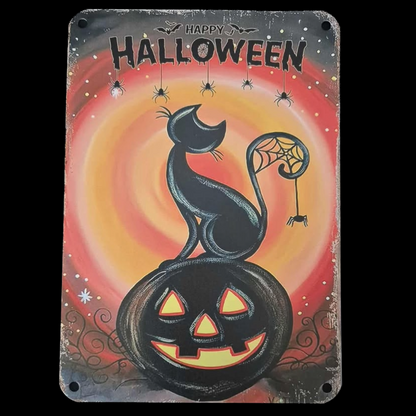 Happy Halloween Metal Aluminium Plaque Wall Sign - Cat Sat On Jack O Lantern Pumpkin With Spiders And Bats