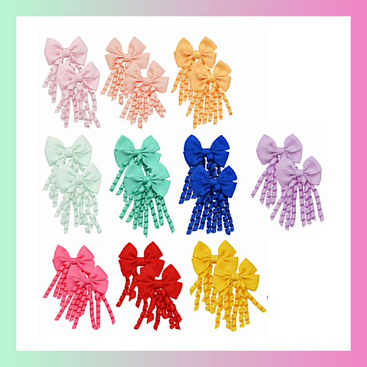 Curly ribbon bow hair clips pairs for back to school pigtails