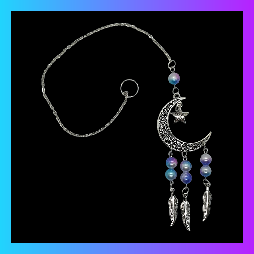 Moon and star love you hanging ornament with beads and feather detail