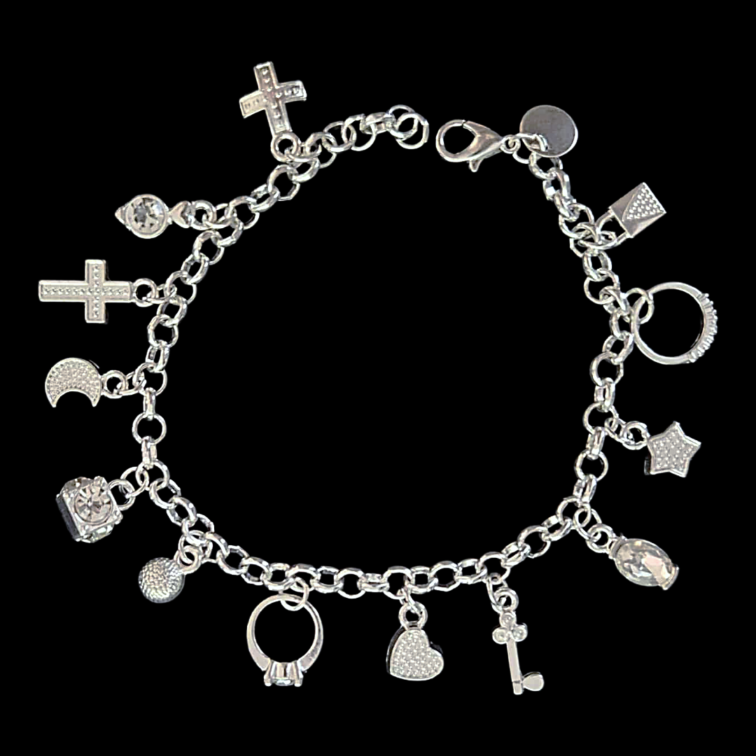 Silver Plated Charm Bracelet Rings Hearts Crosses Handbag Key Star Moon