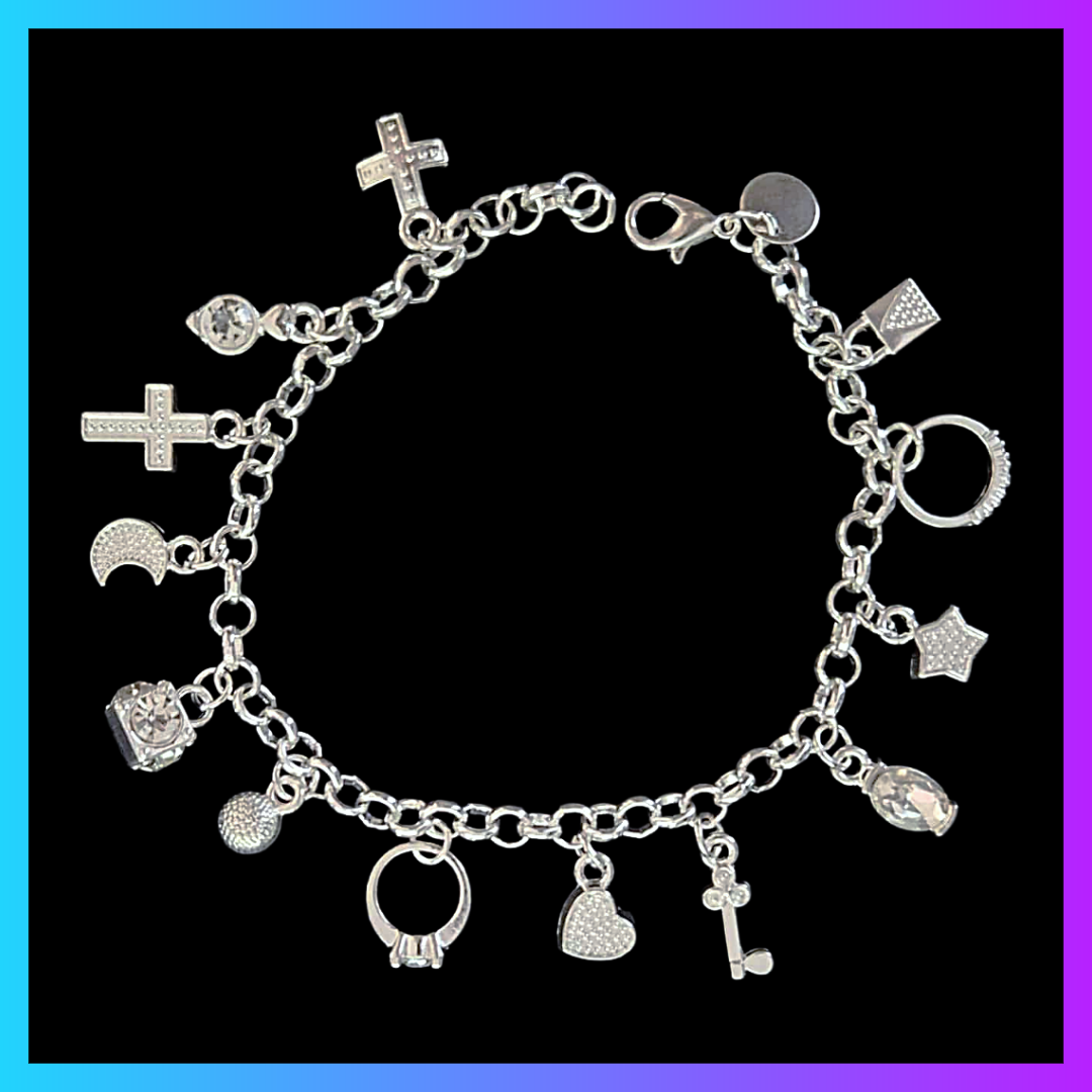 Silver Plated Charm Bracelet Rings Hearts Crosses Handbag Key Star Moon