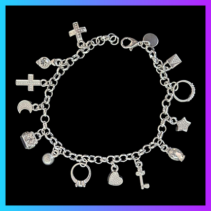 Silver Plated Charm Bracelet Rings Hearts Crosses Handbag Key Star Moon