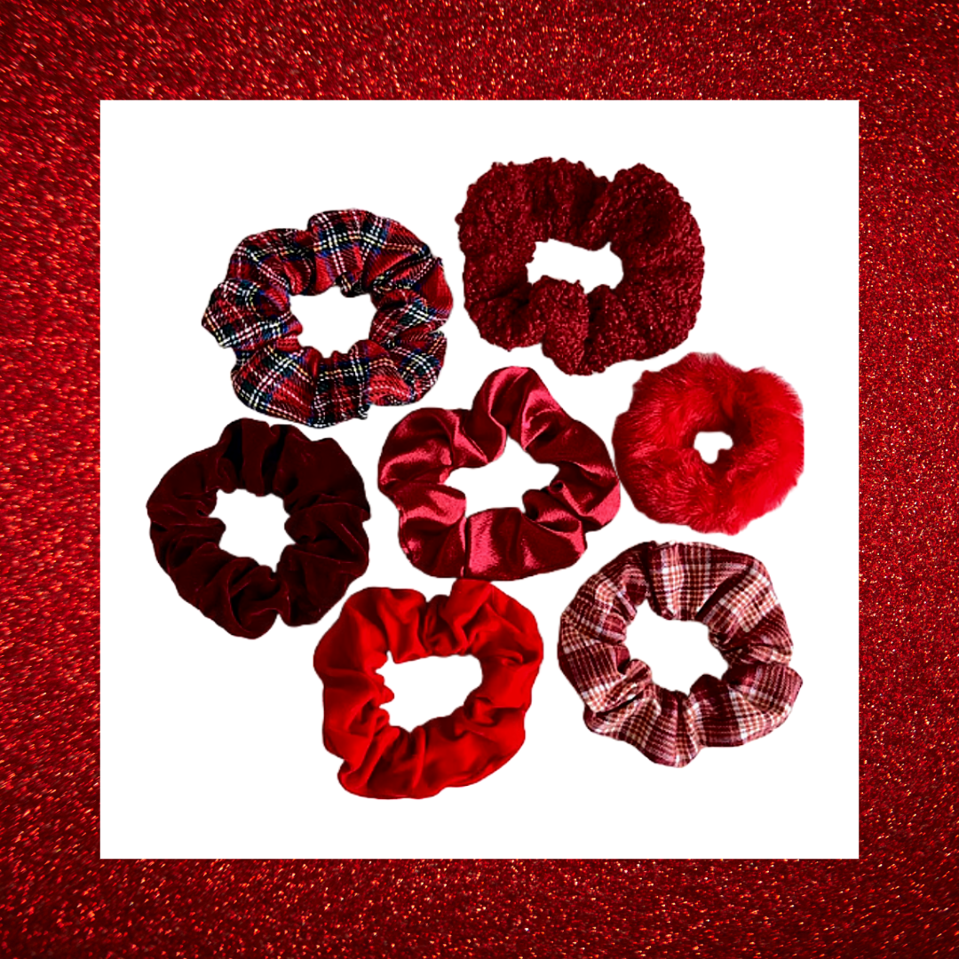 Festive Christmas red fluffy satin velvet tartan hair scrunchie bobble set of 7