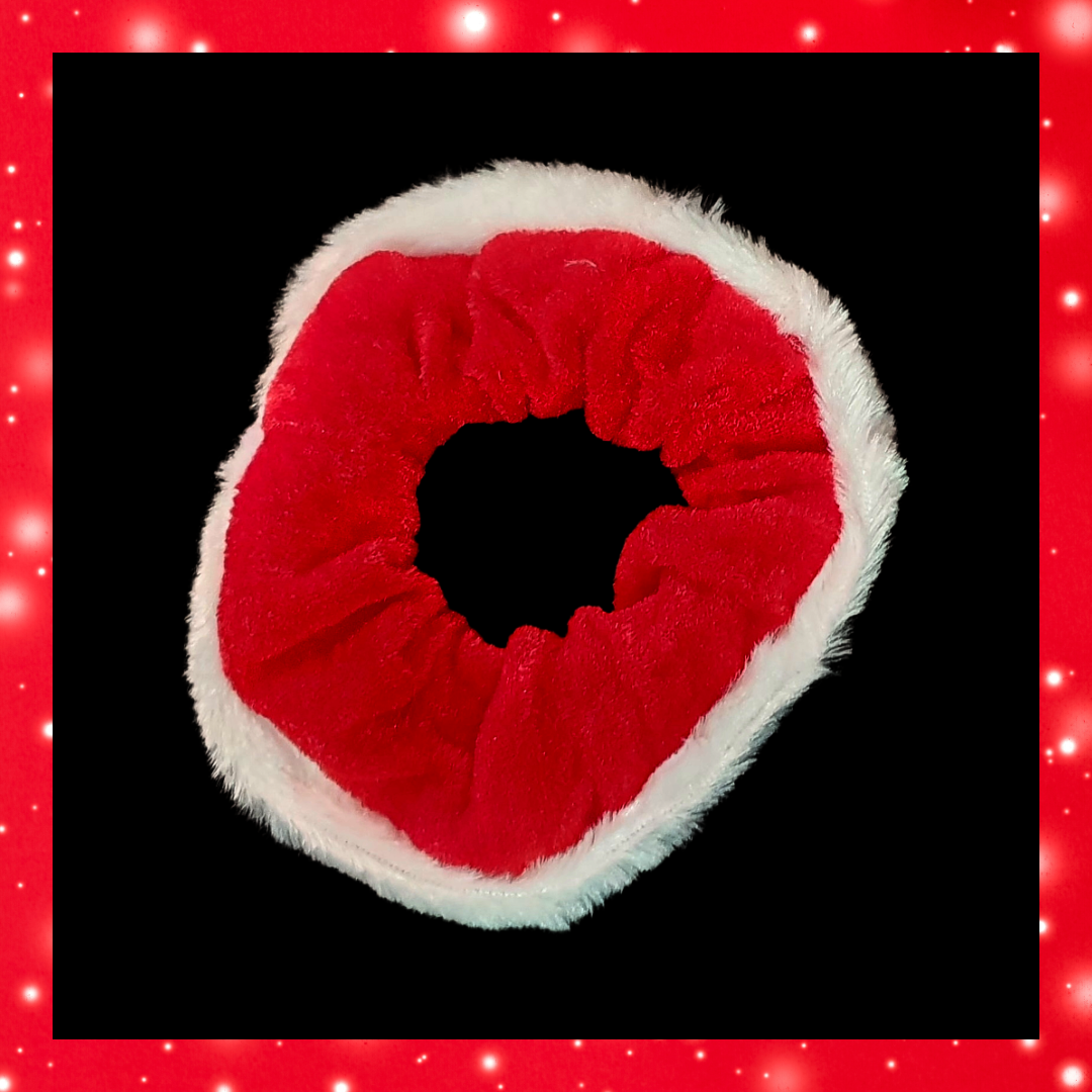 Christmas red velvet and white fluffy trim hair scrunchie