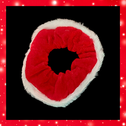 Christmas red velvet and white fluffy trim hair scrunchie