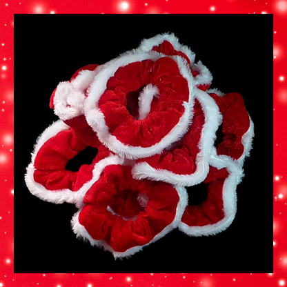 Christmas red velvet and white fluffy trim hair scrunchie