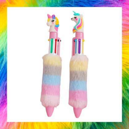 Pack of 2 fluffy rainbow unicorn 6 colour writing pens