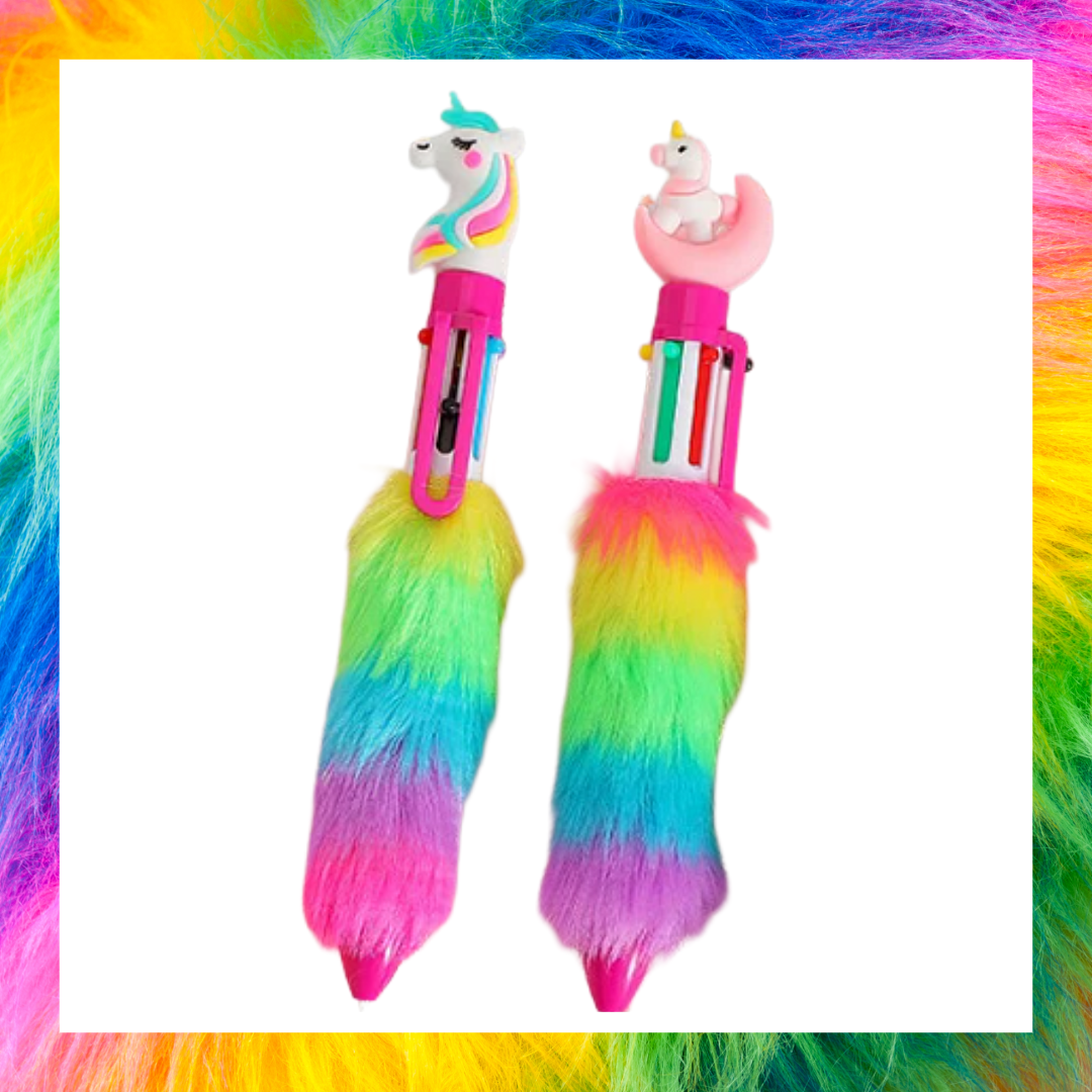 Pack of 2 fluffy rainbow unicorn 6 colour writing pens