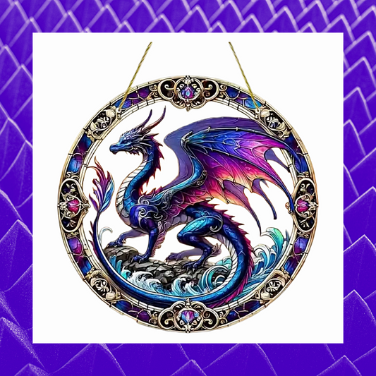 Flying Dragon Purple/Blue Translucent Stained Glass Effect 2D Round Acrylic 15x15cm Window Hanging Catcher Home, Garden Office Décor Wall Art