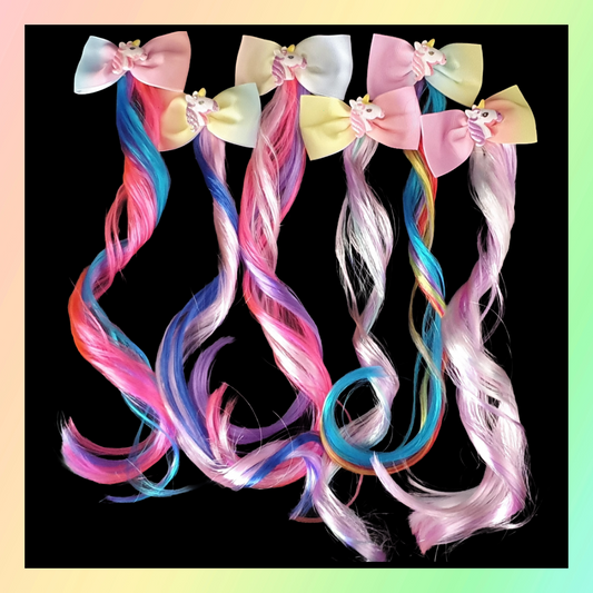 Pastel rainbow bow with unicorn and coloured hair extension