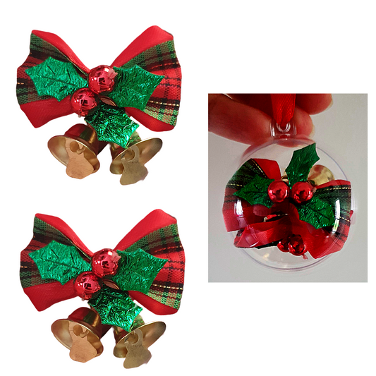 Pair of holly and bell pigtail/ponytail hair bows - with a bauble