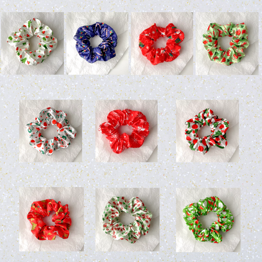 Set of 10 festive Christmas design satin hair scrunchie bobbles