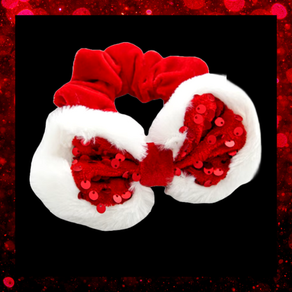 Green and red velvet hair scrunchie bobble with a red or green sequined bow with white fur trim