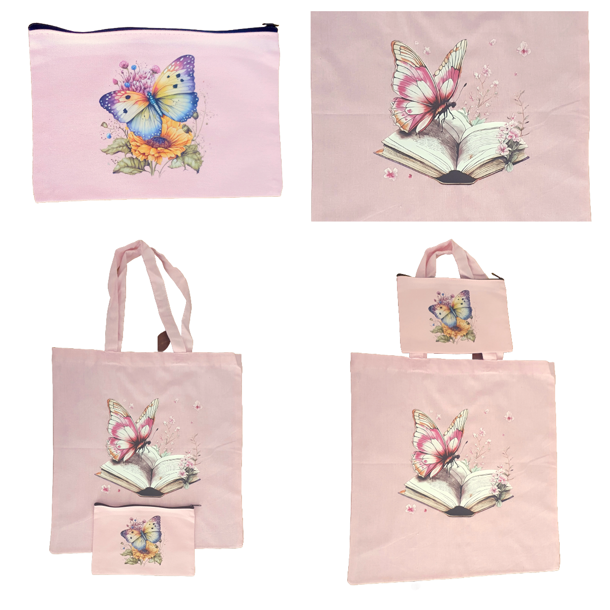 Pink tote bag and zip case set with floral book butterfly design