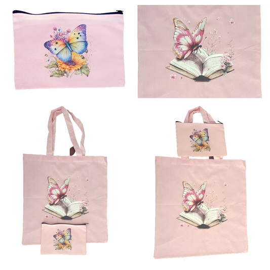 Pink tote bag and zip case set with floral book butterfly design