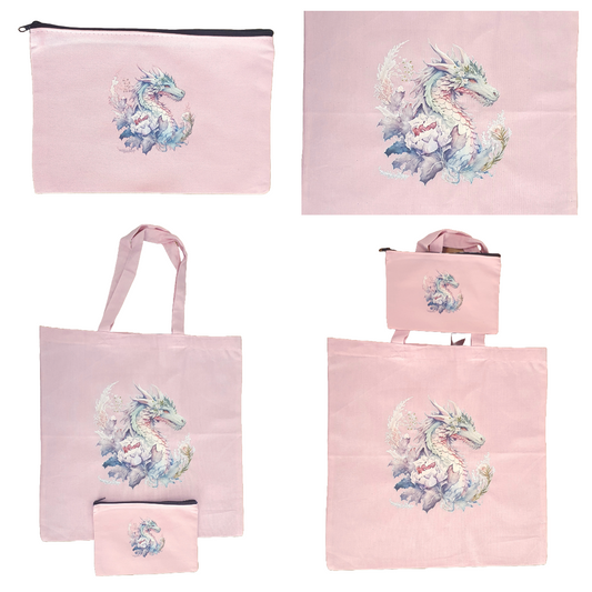 Floral dragon pink tote bag and zip case set