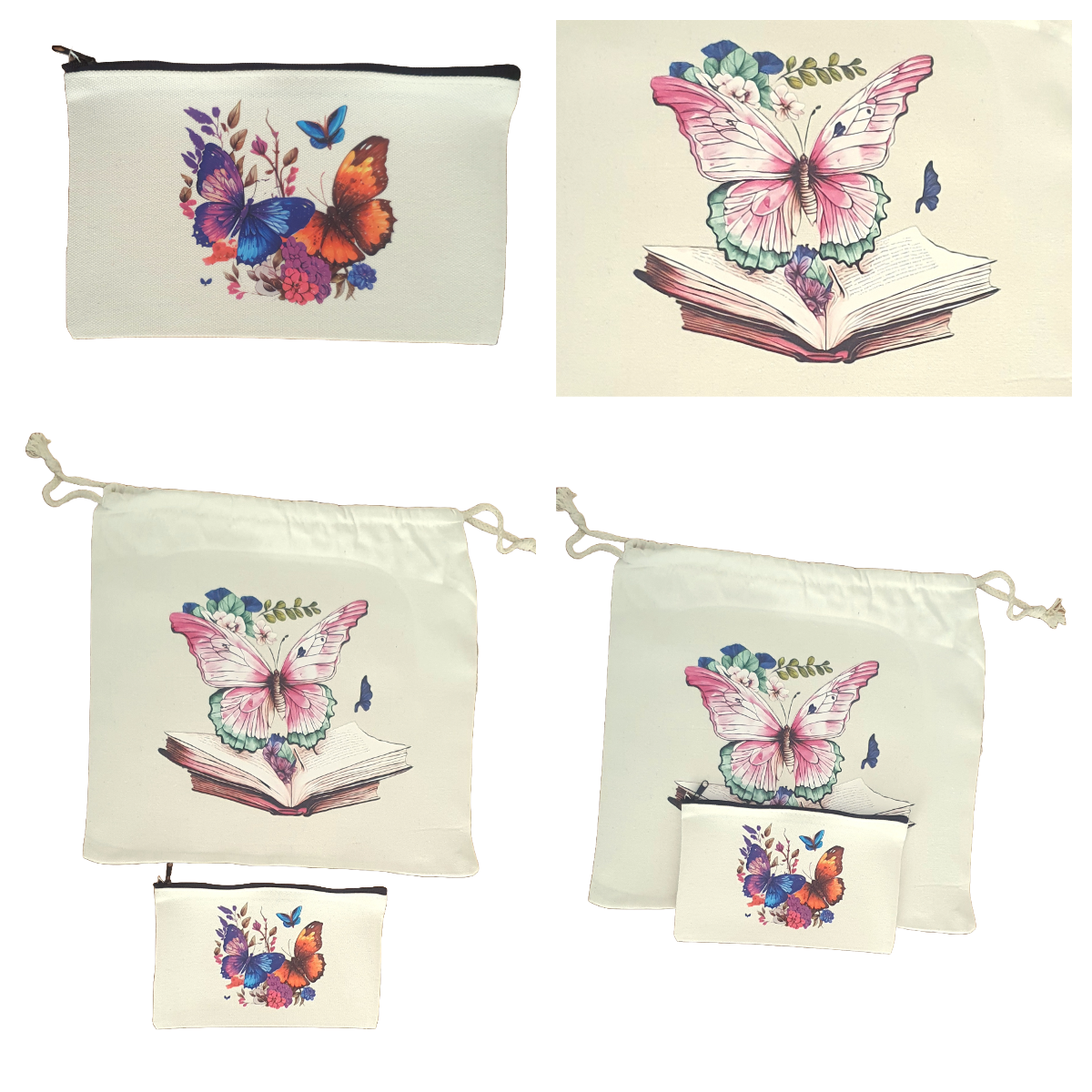 Butterfly and book drawstring bag and butterfly zip case set