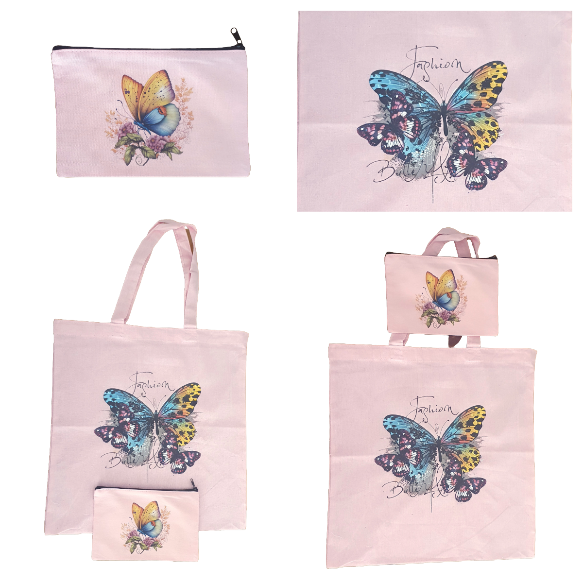 Fashion butterfly pink tote bag and zip case set