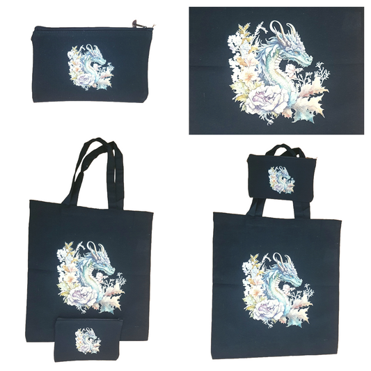 Dragon floral design black tote bag and matching zip case set