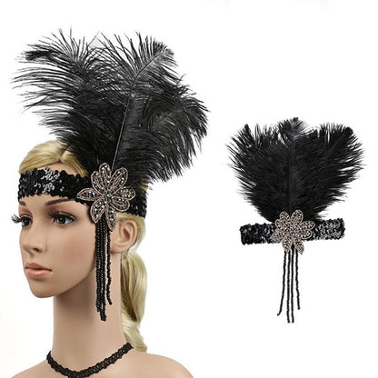 Gatsby 1920's black sequin band with flower, droplet bead strings and black feathers to the side