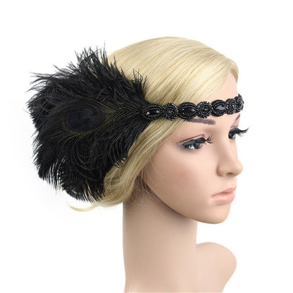 Gatsby 1920's black beaded headband with a dark peacock and black feathers to the side