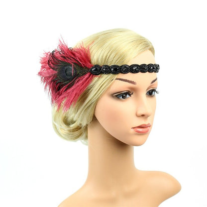 Gatsby 1920's black beaded headband with dark peacock and read feathers to the side
