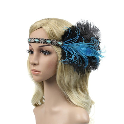 Gatsby 1920's beaded headband with blue and black feathers to the side